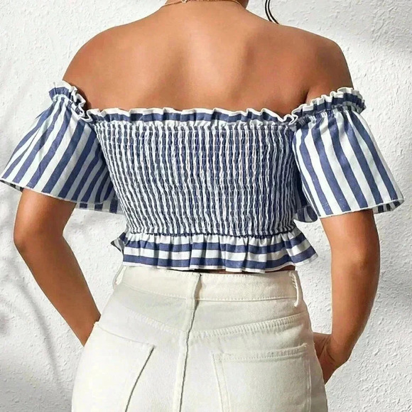 White & Blue Boho Womens Striped Off Shoulder Knot Front Frill Trim Crop Blouse - Picture 3 of 5